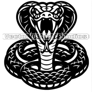 Peut inclure: Illustration en noir et blanc d'un cobra avec son capuchon déployé et ses crocs apparents. Le serpent est enroulé en position défensive.