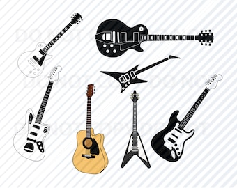 Electric Guitar Bundle -  Acoustic guitar Vector Images  Silhouette Clip Art SVG Files Eps, Png Stencil ClipArt