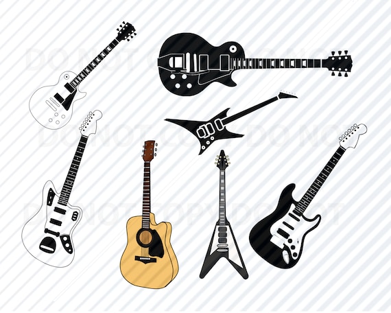 Electric Guitar Bundle Acoustic Guitar Vector Images Silhouette Clip Art Svg Files Eps Png Stencil Clipart