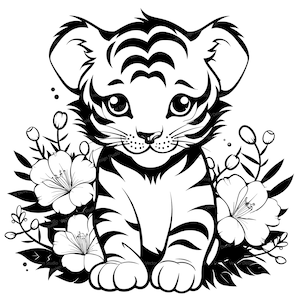 Cute Baby Tiger Flowers Svg & PNG Files, Safari Animals Clipart Silhouette Vector Image, Kids Coloring Page SVG, Transparent Background