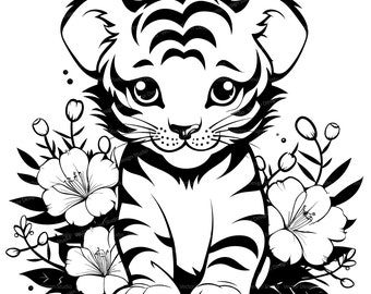 Baby Tiger Flowers Clipart, SVG PNG, Nursery Art (Digital Download)