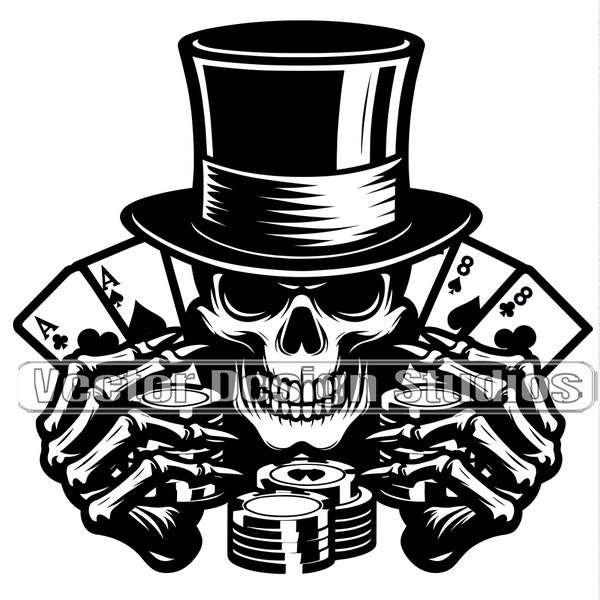 Dead Mans Hand Svg & PNG Files, Poker Playing Cards Clipart Silhouette, Casino Chips Vector Image, Skull With Top Hat svg, Aces and Eights