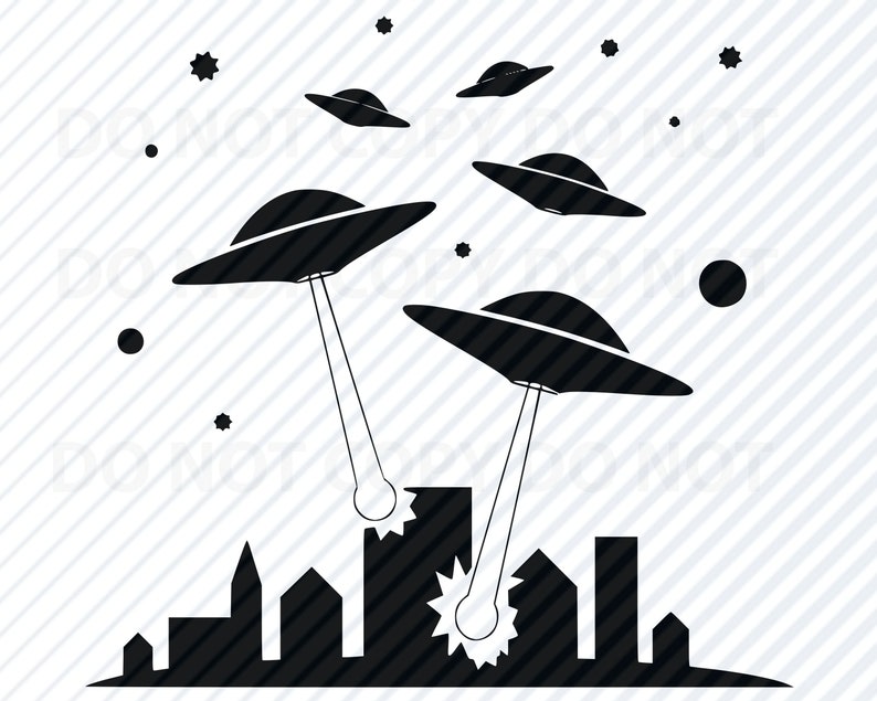 May include: Black silhouette of a city with five flying saucers hovering above. The saucers have beams of light shooting down towards the city.