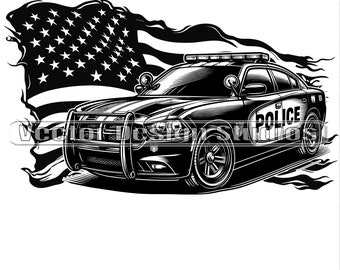 Police Car USA Flag Svg & PNG Files, Patriotic Police Clipart, Policeman Silhouette Vector Image, First Responders Digital Download
