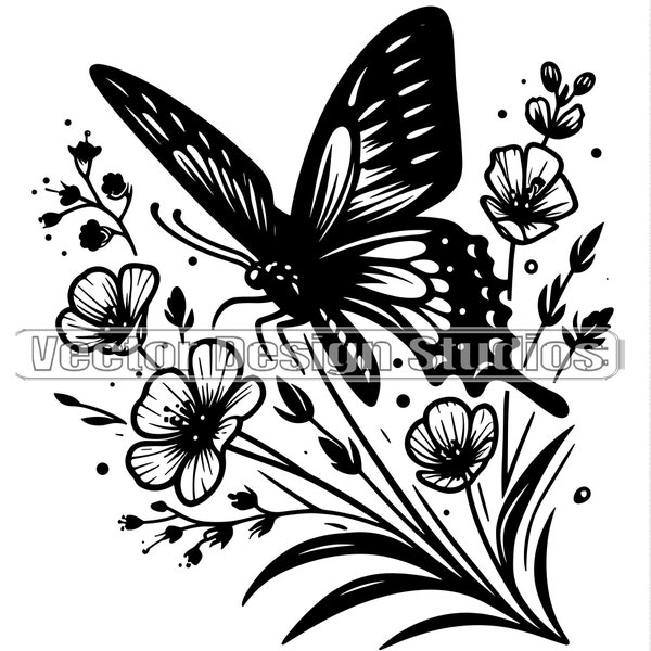 Butterfly with Wildflowers Svg & PNG Files, Spring Clipart Silhouette Vector Image,  Butterfly SVG T Shirt Design, wild flower Digital file