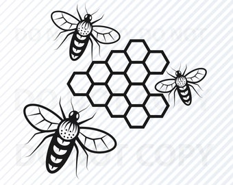 May include: Black and white illustration of three bees and a honeycomb. The bees have striped bodies and wings. The honeycomb is made up of hexagonal cells.
