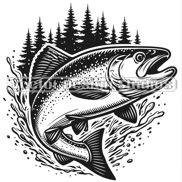 Salmon Fish Svg & PNG Files, Jumping Salmon Fishing Clipart Silhouette Vector Image, Nature Fishing SVG shirt Design, Outdoor fisherman png