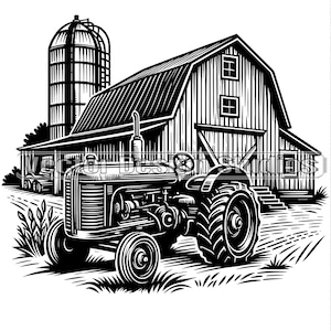 Grange rustique avec tracteur fichier SVG - Images vectorielles de vieille grange de ferme, Silhouette, silo de ferme SVG, clipart png agriculture, fichier laser de la vie à la ferme