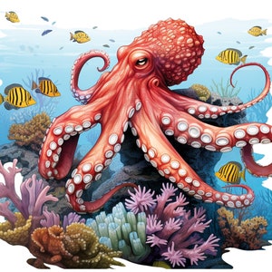 Octopus in Coral Reef Png for Sublimation, Octopus clip art, T shirt Design, Underwater scene clipart