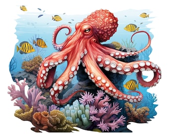 Octopus in Coral Reef Png for Sublimation, Octopus clip art, T shirt Design, Underwater scene clipart