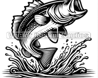 Bass Angeln SVG - PNG-Dateien, Springen Bass Fisch Clipart Silhouette Vektor-Bild, Angeln SVG-Shirt-Design, digitaler Download
