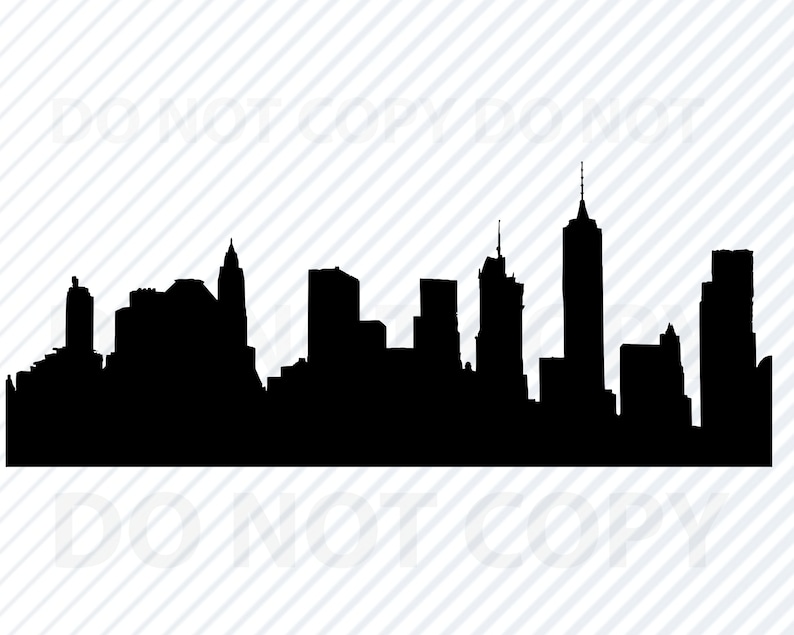 May include: Black and white silhouette of a city skyline with tall buildings. The skyline is a common design element for home decor and artwork.