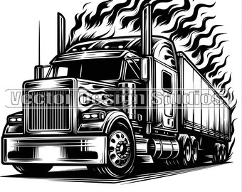 Semi Truck with Flames SVG PNG, Trucker Clipart Silhouette (Digital Download)