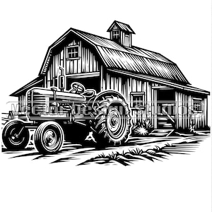 Vieille ferme avec tracteur fichier SVG - Images vectorielles de vieille ferme grange, Silhouette, ferme SVG, clipart png agriculture, vie à la ferme fichier laser
