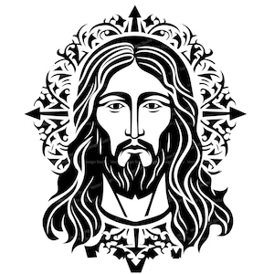 以下が含まれることがあります： トゲの冠と背後に十字架を持つイエス・キリストの白黒のイラスト
