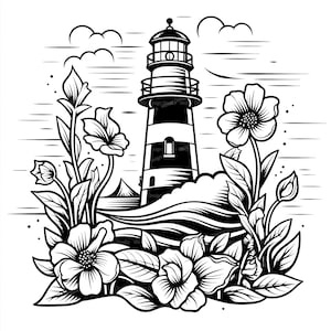 May include: Black and white illustration of a lighthouse with a white background. The lighthouse is surrounded by flowers and waves. The lighthouse has a tall, cylindrical tower with a small, domed roof. The flowers are stylized and have large petals.
