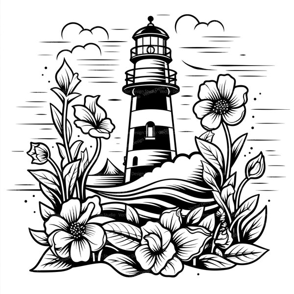 Lighthouse Flowers Svg & PNG Files, Floral Nautical Clipart, Silhouette Vector Image, SVG Shirt Design Graphic, Transparent Background