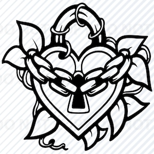 May include: Black and white illustration of a heart-shaped padlock with a keyhole, surrounded by stylized floral vines.