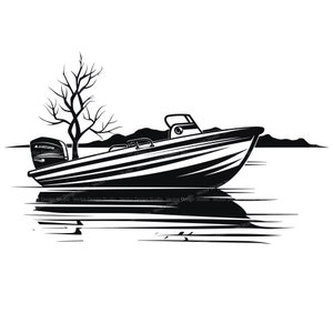 May include: A black and white illustration of a boat with an outboard motor, sitting in the water with a tree behind it.