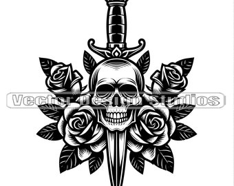 Skull Dagger Roses Clipart, Tattoo Vector (SVG & PNG)