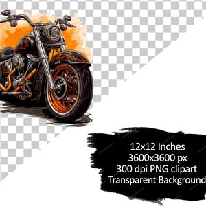 May include: Illustration of a black and orange motorcycle with chrome accents. The motorcycle features flame designs and is set against an orange watercolor-style background. The image is a 12x12 inch, 300 dpi PNG clipart with a transparent background.
