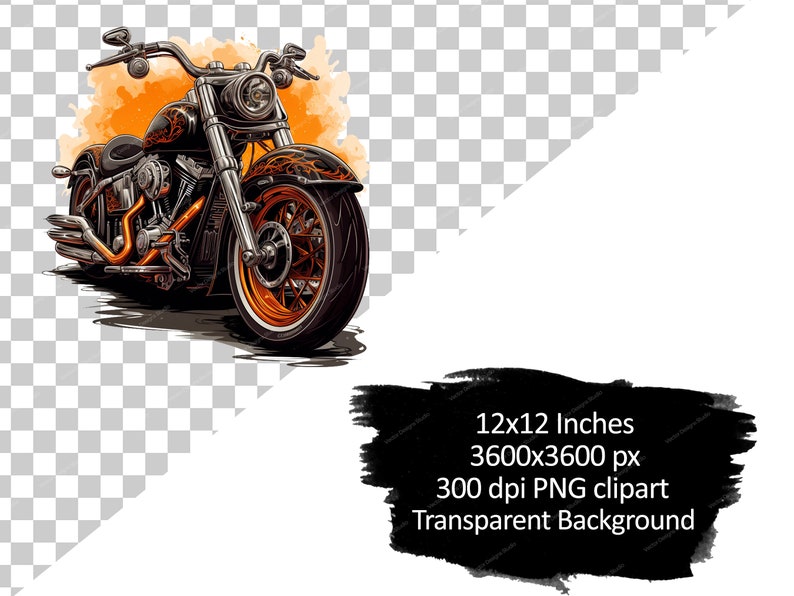 May include: Illustration of a black and orange motorcycle with chrome accents. The motorcycle features flame designs and is set against an orange watercolor-style background. The image is a 12x12 inch, 300 dpi PNG clipart with a transparent background.