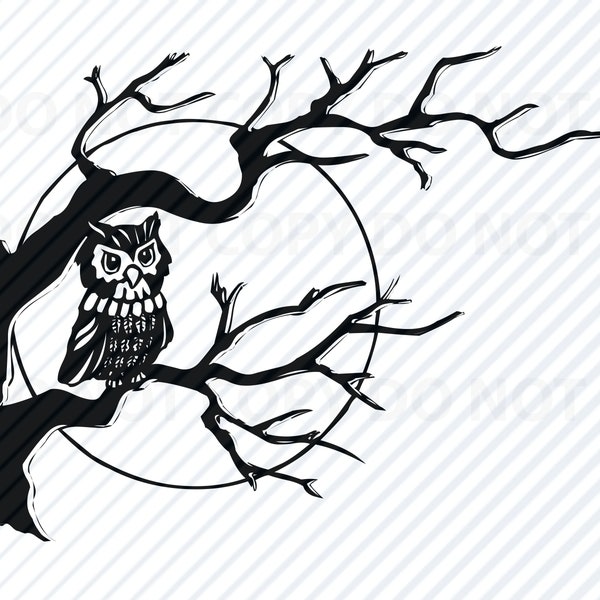 Owl SVG Files Clipart - Clip Art Silhouette Vector Images - Owl moon tree SVG Image - Owls - Eps, Png ,Dxf halloween moon owl