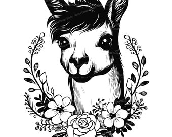 Llama with Flowers Svg & PNG Files, Alpaca Clipart Silhouette Vector Image, SVG For T shirt Design Transparent Background Print file