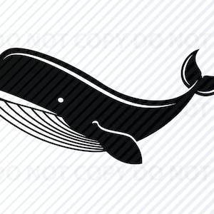 May include: Black silhouette of a whale with a large head and a small tail fin.