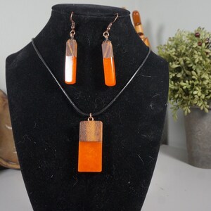 Orange Swirl and Exotic Wood Earring and Pendant Set