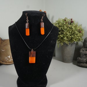 Orange Swirl and Exotic Wood Earring and Pendant Set
