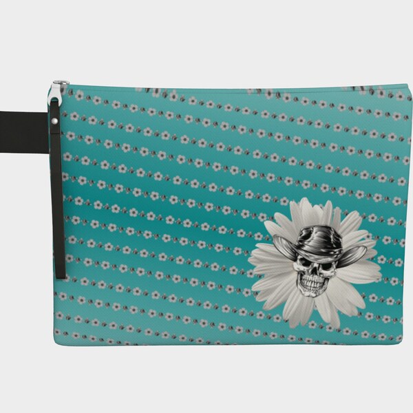 SkullDaisy Zipper Carry-all Skulls Daisies Cowgirl Western + Denim Lining - Turquoise 10", 12", 14", 16" Options