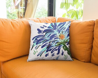 Square Throw Pillow- Hand-Illustrated Floral Print  | Tropical Blue Green Flower Design- WaterFlower Design