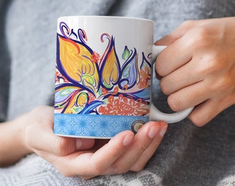 Multi-colored Floral Illustration Coffee Mug - Hand Drawn Abstract ParadiseFlower Design