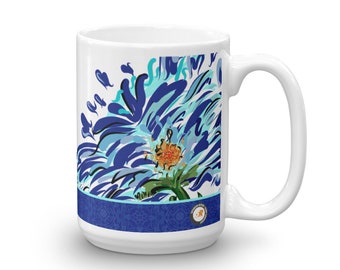 Blue Floral Illustration Mug - Hand Drawn Abstract WaterFlower Design