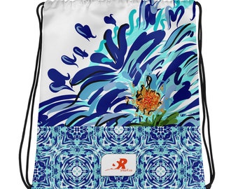 Hand-Illustrated Floral Print with Vintage Pattern Drawstring Bag for School College Travel or Yoga- WaterFlower Design
