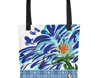 Blue Floral Illustration Tote bag - Hand Drawn Abstract WaterFlower Design