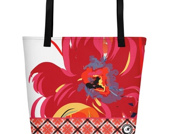 Warm Red Floral Illustration Beach Bag - Hand Drawn Abstract FireFlower Design