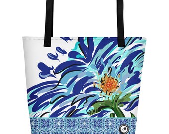 Blue Floral Illustration Beach Bag - Hand Drawn Abstract WaterFlower Design