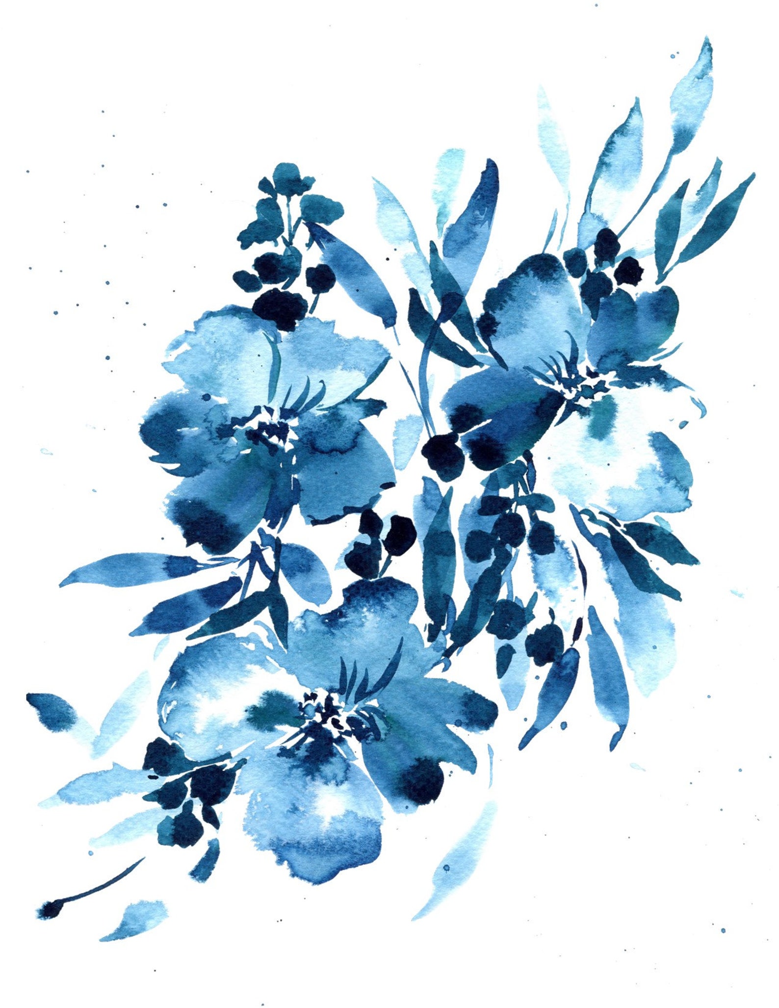 Blue Abstract Floral Watercolor Art Print Etsy