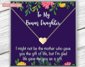 Bonus Daughter Heart Necklace, Stainless Steel Gift with Quote