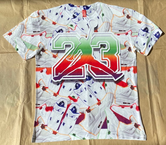 white and purple jordan 4 shirt