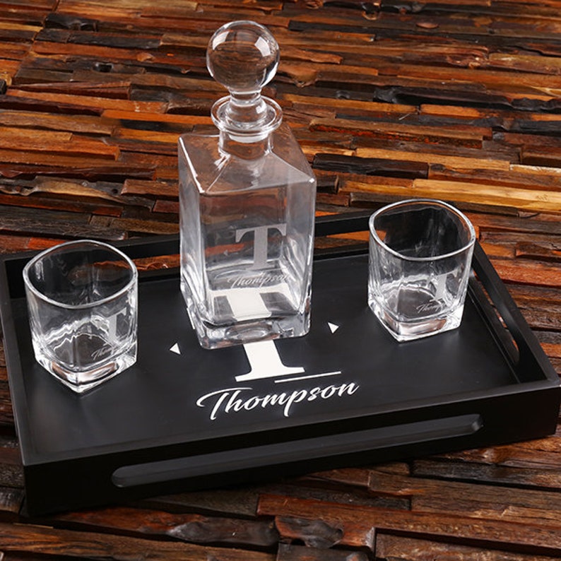 Whiskey Decanter Two Glasses and Wood Bar Tray Personalized Etsy