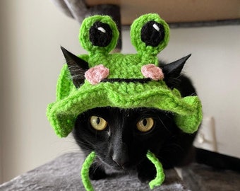 Chapeau de chat grenouille souriante au crochet fait main - Déguisement adorable pour animal de compagnie, Costume animal mignon, accessoires uniques pour chat, cadeau unique pour chaton, tenue d'Halloween