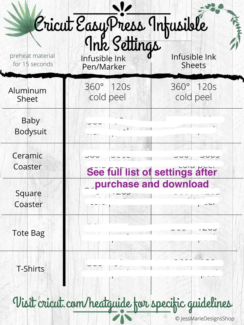 INSTANT DOWNLOAD Cricut Easy Press Infusible Ink Heat Settings Etsy