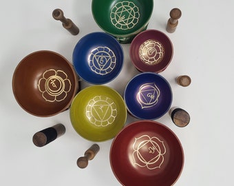 Singing Bowl Sets of 7-  Handmade Tibetan healing Colourful  Singing Bowl for Meditation, Sound, Peace, Mindfulness, Yoga, Seven Chakra -UK