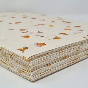 May include: A stack of handmade paper with embedded dried flowers. The paper is white with a subtle yellow hue and has a rough texture. The flowers are a light orange colour and are scattered throughout the paper.