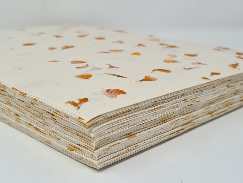 May include: A stack of handmade paper with embedded dried flowers. The paper is white with a subtle yellow hue and has a rough texture. The flowers are a light orange colour and are scattered throughout the paper.