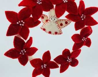 Handmade Festive Wool Felt Wreath Christmas Red Flowers with angel, Christmas Decoration