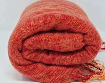Hand-Loomed Yak Wool Blanket: Orange Oversized Nepal Shawl
